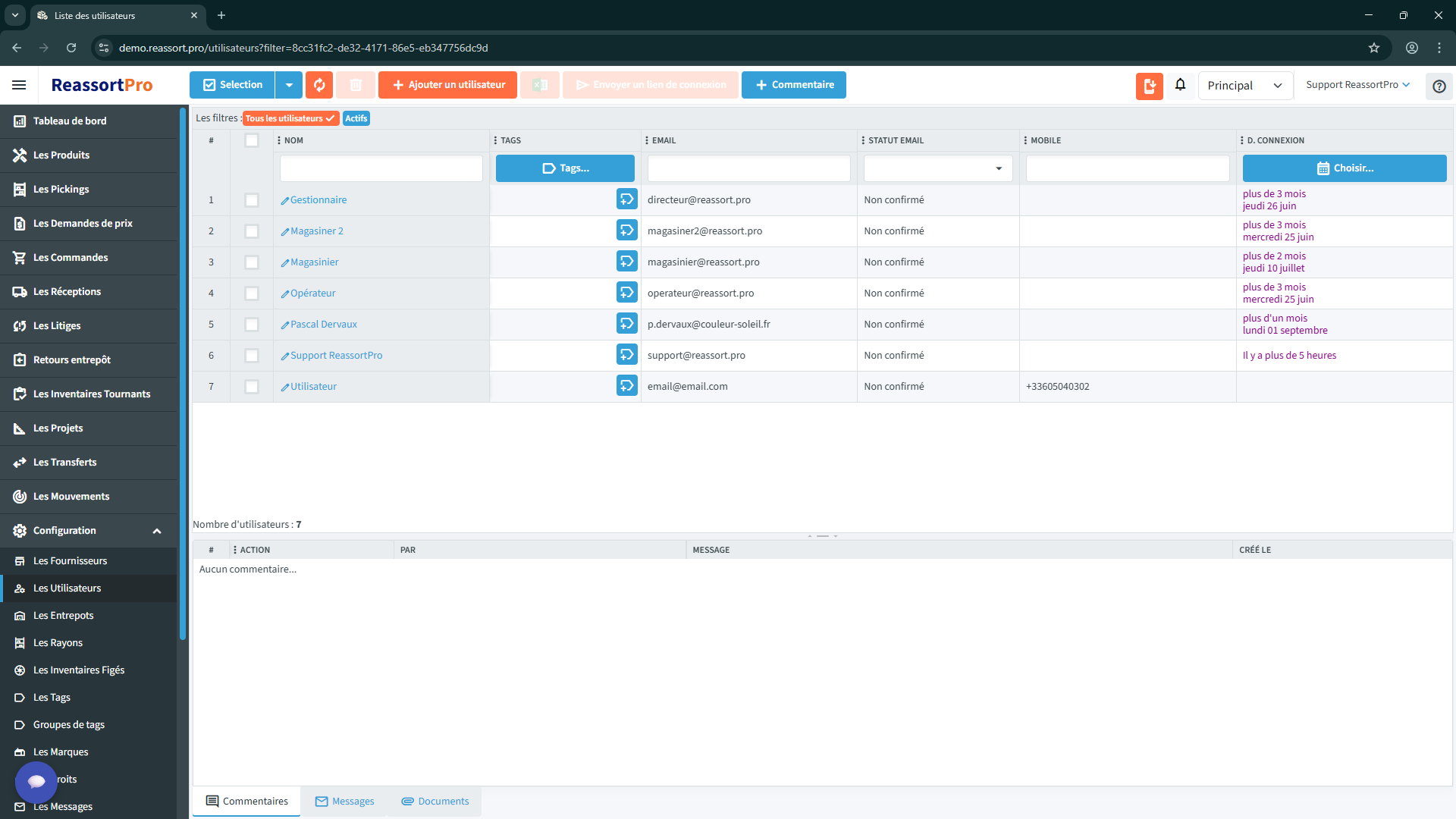 Vue de la liste complète des utilisateurs avec tous les détails